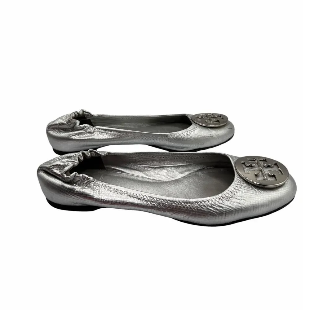 Tory Burch Reva Flats Silver Metallic‎ Leather Logo Medallion Shoes Size 10 Y2K